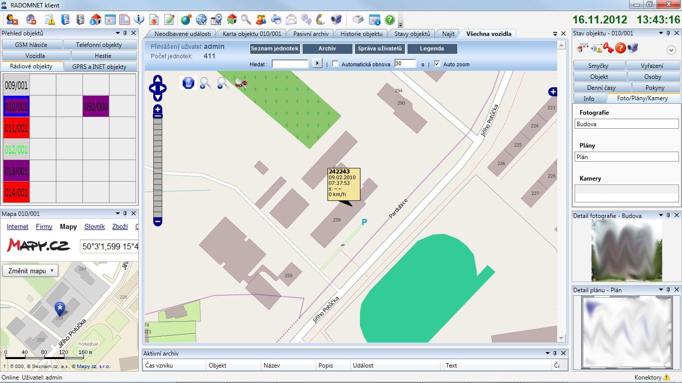 Hlavní okno historie RACAR