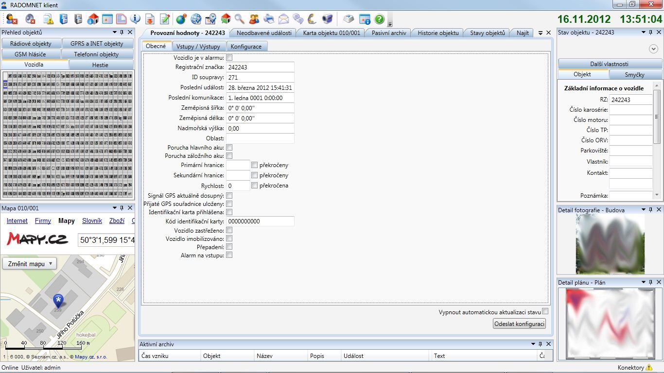 Hlavní okno provozní hodnoty vozidla RACAR